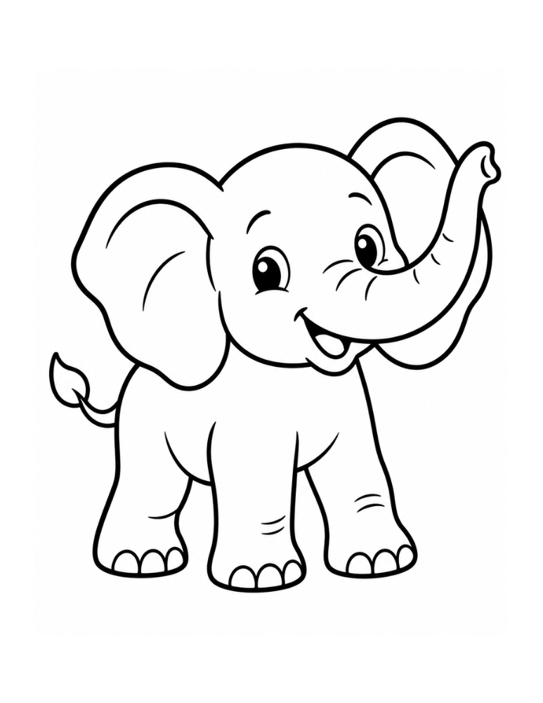 Simple elephant colouring page for toddlers with thick black outlines